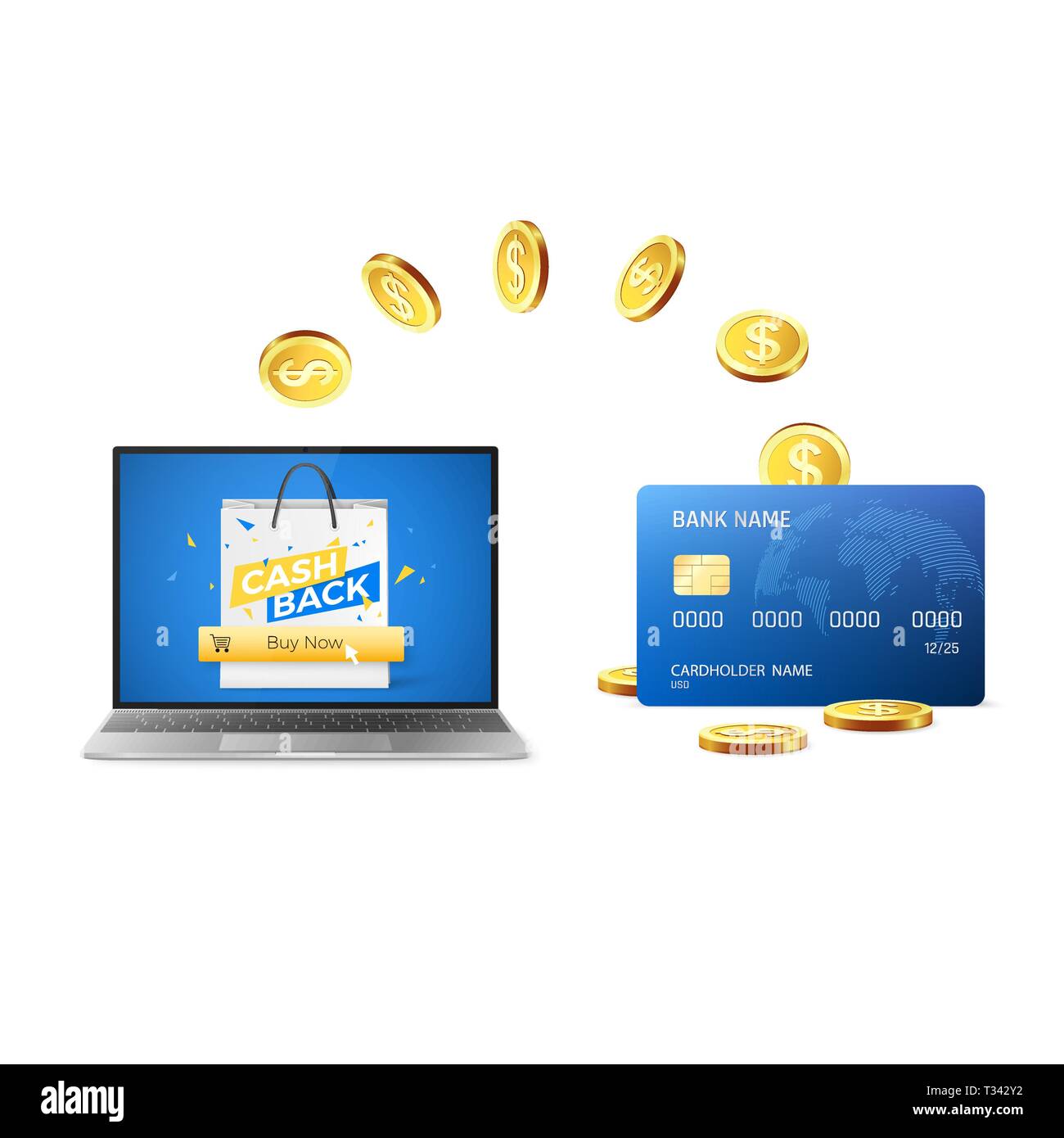 Concept de ristournes. Pièces d'or retour à la carte de crédit après l'achat des choses en ligne. Magasinage en ligne avec le Cashback. Vector illustration Illustration de Vecteur