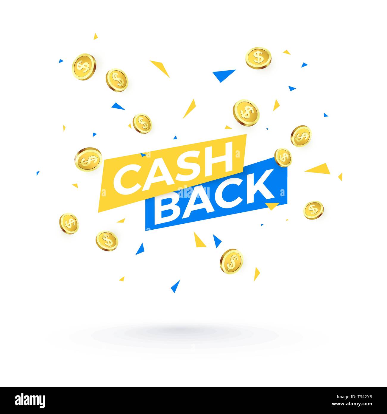 Bannière concept Cashback. Texte Cashback et tomber les confettis et pièces d'or. Vector illustration isolé sur fond blanc Illustration de Vecteur