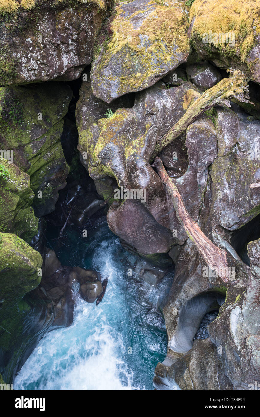 Des formations rocheuses érodées fantaisie à l'abîme l'affichage pont à Milford Sound, Nouvelle Zélande Banque D'Images
