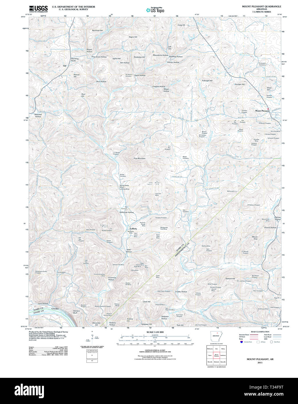 Carte TOPO USGS Arkansas AR Mount Pleasant 20110728 Restauration TM Banque D'Images