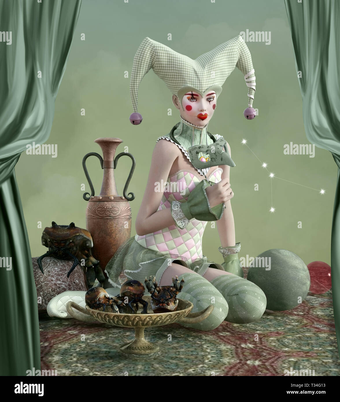 Le cancer comme un beau clown aux crabes dans une assiette et un masque dans sa main Banque D'Images