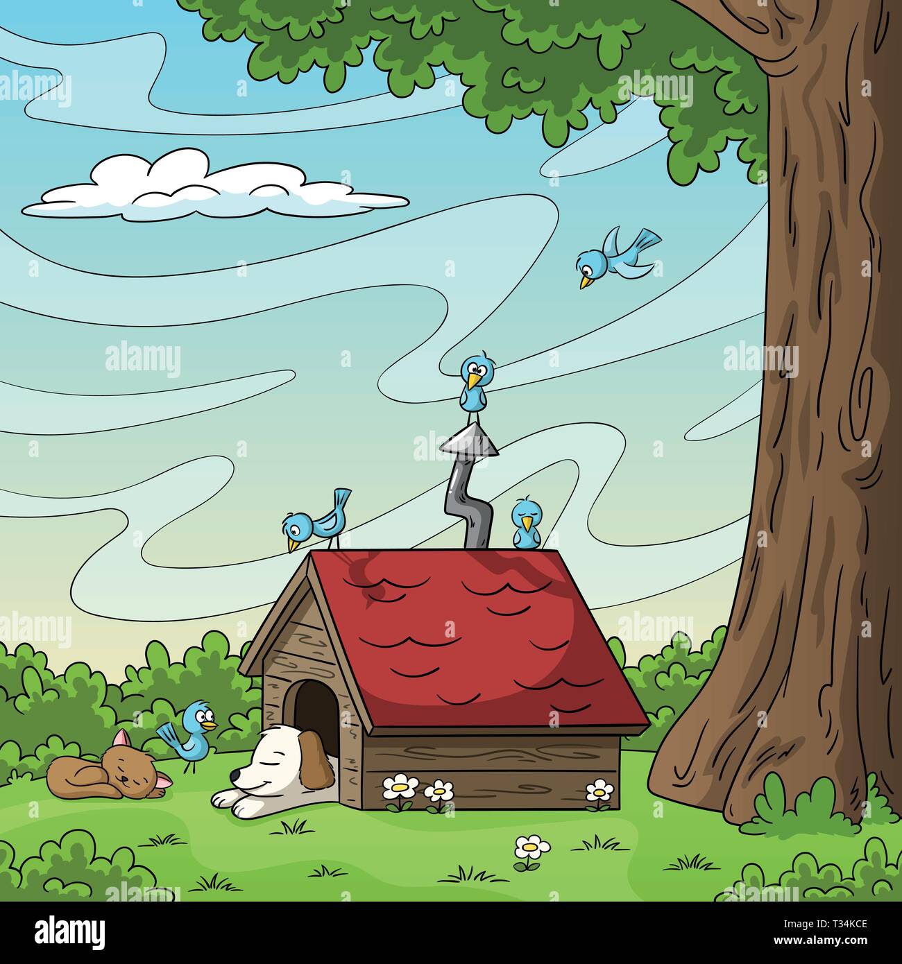 Chat et chien couchage à une niche avec bird under tree Illustration de Vecteur