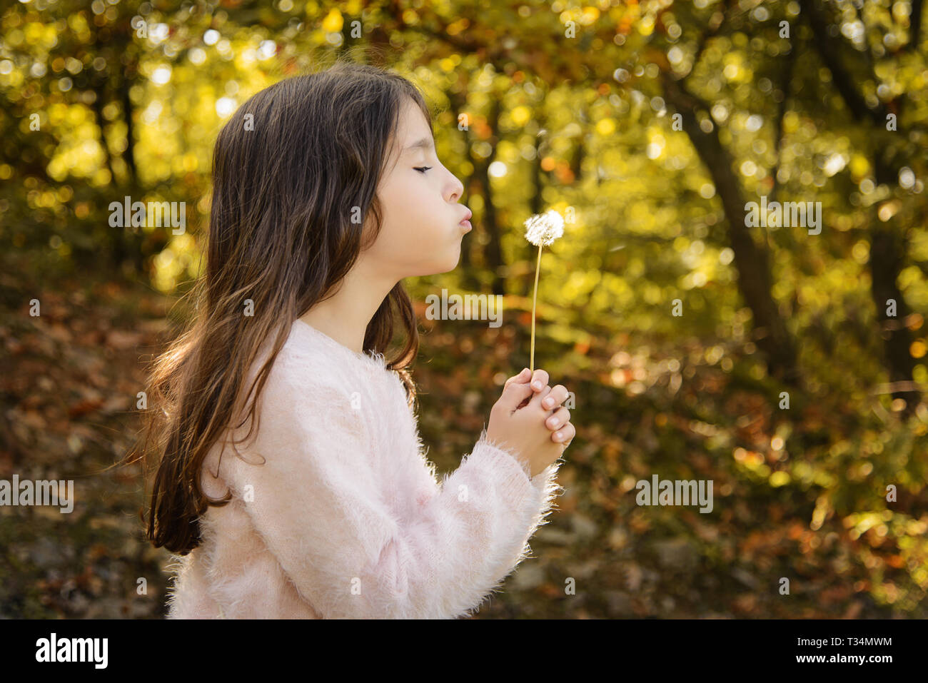 Girl standing outdoors blowing un pissenlit, Bulgarie Banque D'Images