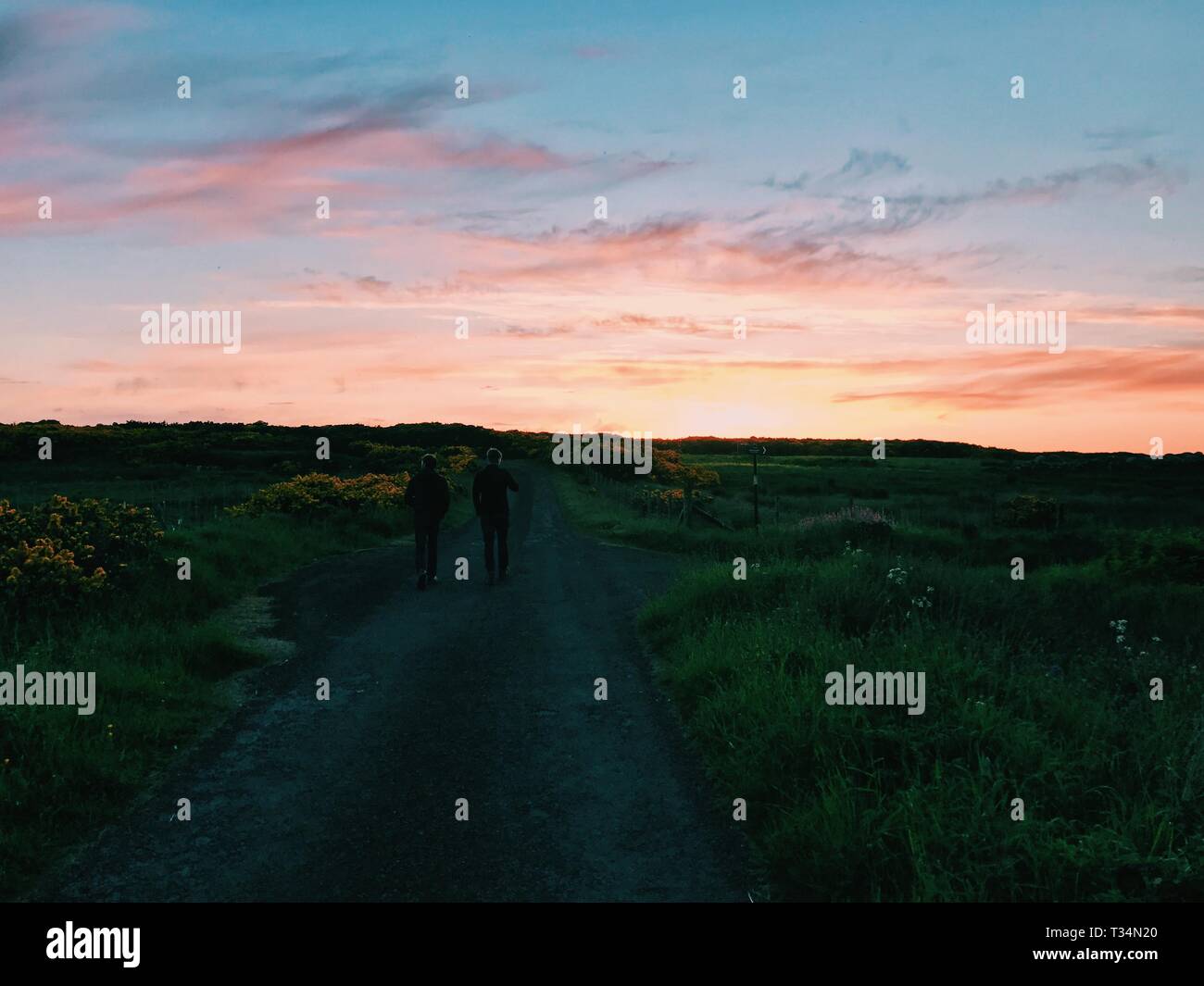 Vue arrière de deux hommes marchant le long d'une route rurale, Highland, Thurso, Ecosse, Royaume-Uni Banque D'Images