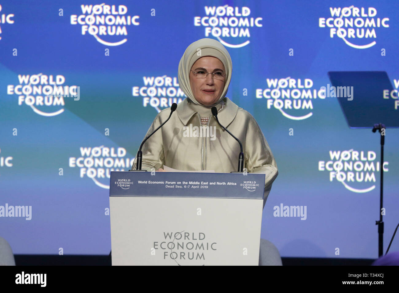 La mer Morte en Jordanie. 06 avr, 2019. La première dame turque Emine Erdogan parle pendant une session lors du Forum économique mondial sur le Moyen-Orient et l'Afrique du Nord. Credit : Ahmad Abdo/dpa/Alamy Live News Banque D'Images