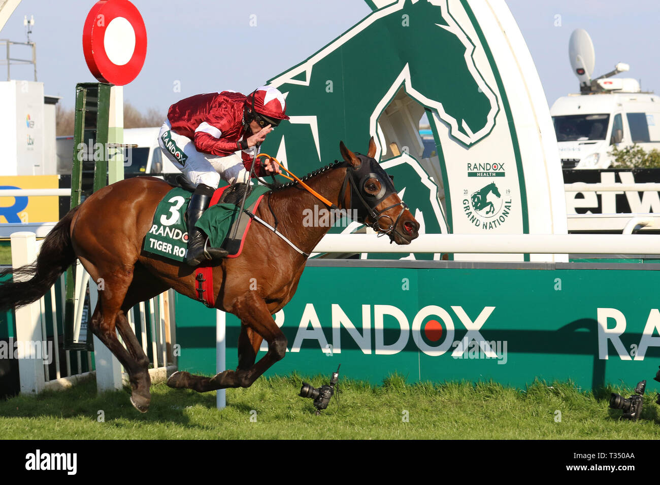 AINTREE, Liverpool, Royaume-Uni. 6 avril 2019. Tiger Roll vainqueur du Grand National 2019 de Randox, monté par D N Russell. Il devient le premier cheval depuis Red Rum il y a 45 ans à gagner l'épreuve dos-à-dos. 40 coureurs, 30 clôtures et plus de quatre milles et quart, le National est le test ultime pour les chevaux et les cavaliers. Banque D'Images