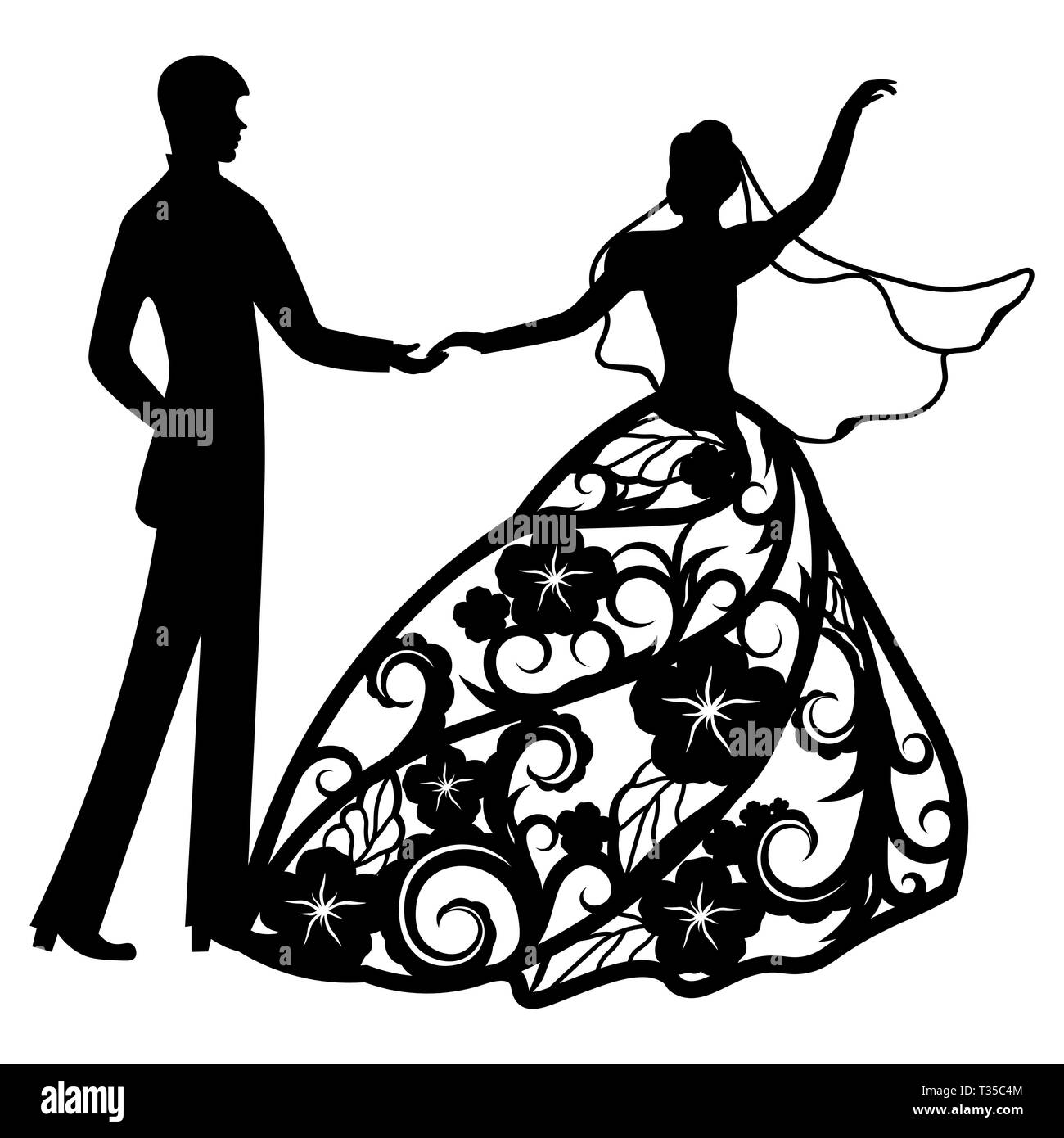Vector illustration. Modèle avec avec le marié et la mariée. Modèle pour la découpe au laser, garçon et fille. Les couples de danseurs. S'habiller avec des fleurs Illustration de Vecteur