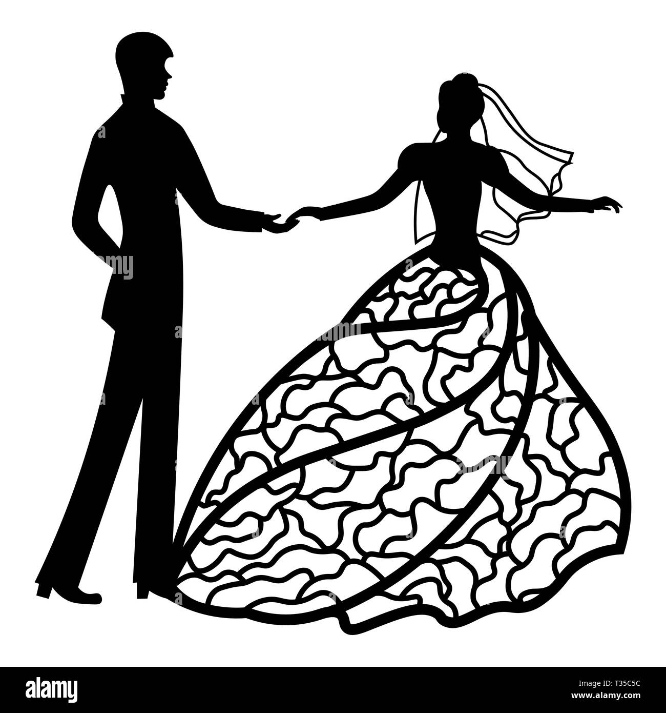 Vector illustration. Modèle avec avec le marié et la mariée. Modèle pour la découpe au laser, garçon et fille. Les couples de danseurs. Modèle robe Illustration de Vecteur