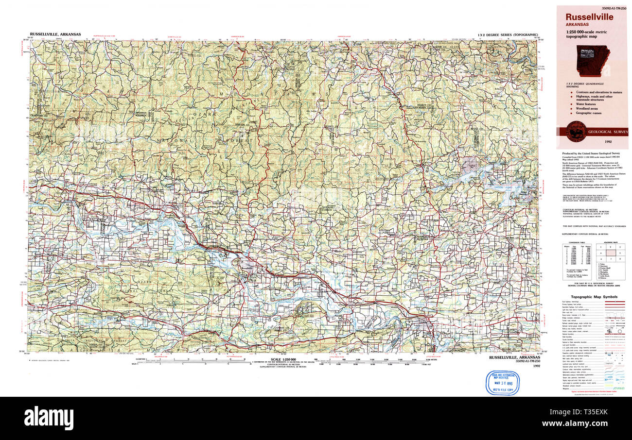 Carte TOPO USGS AR Arkansas Russellville 2606081992 Restauration 250000 Banque D'Images