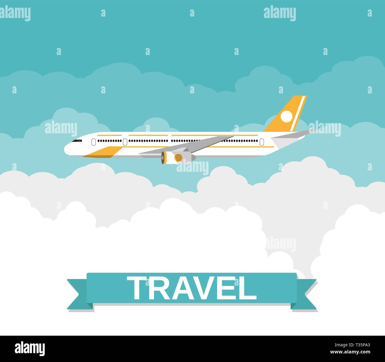 Photo d'un avion civil avec les nuages et voyage signe. vector illustration en télévision. design travel concept Illustration de Vecteur