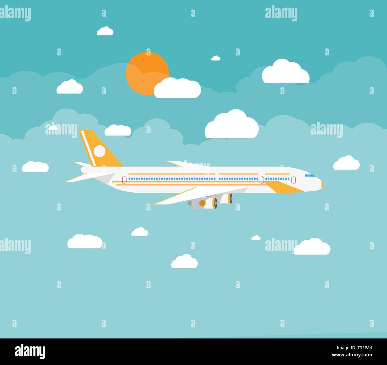Photo d'un avion civil avec des nuages et du soleil. vector illustration en télévision. design travel concept Illustration de Vecteur