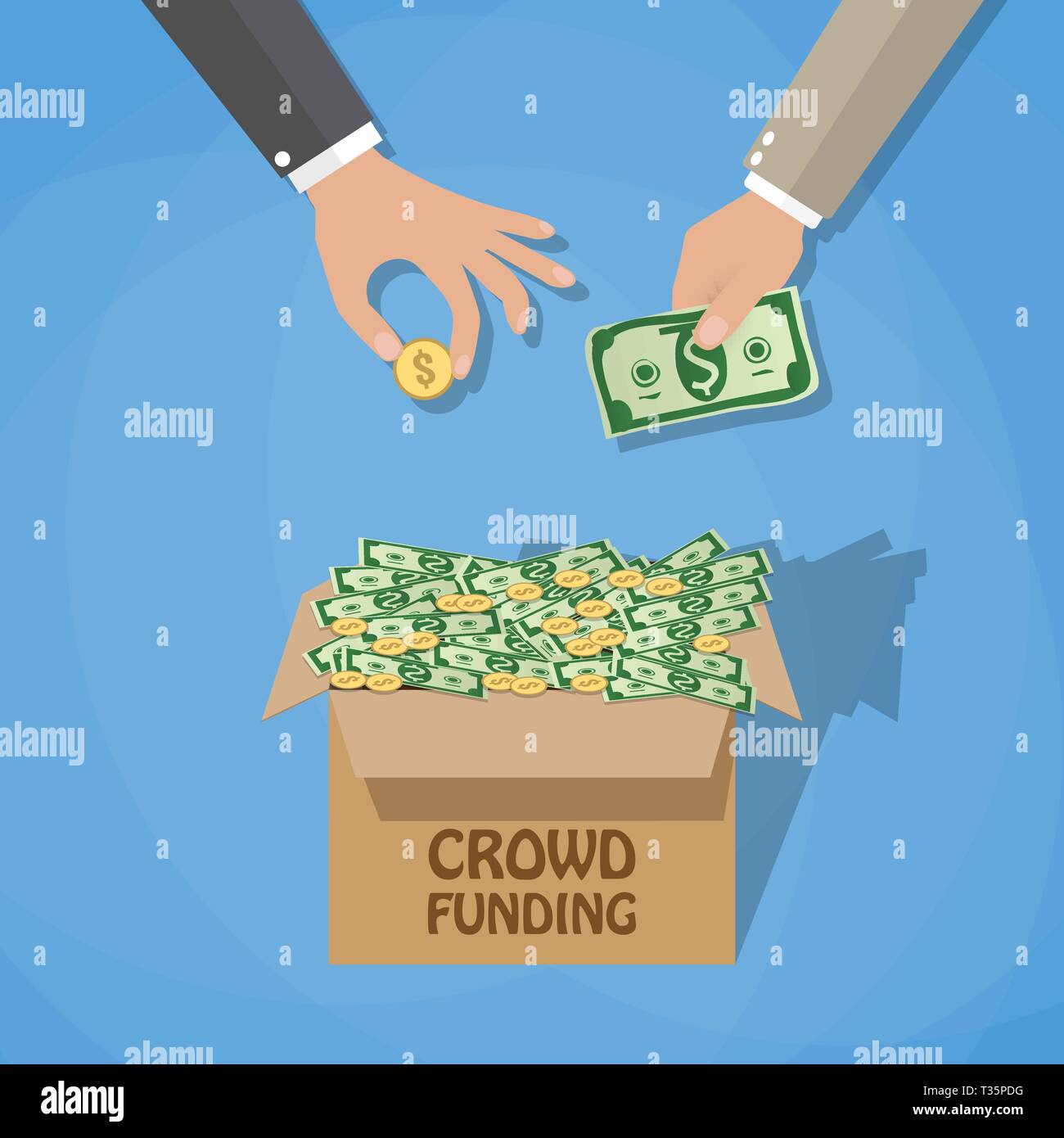 Concept crowdfunding, boîte pleine de dollar cash et homme mains. vector illustration dans télévision design sur fond bleu Illustration de Vecteur