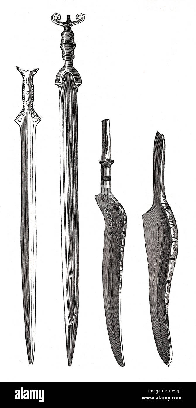 Âge du Bronze épées et couteaux de la préhistoire habitations autour de la pile Switzerlan Alpes, ca.5000- 500 av. Banque D'Images