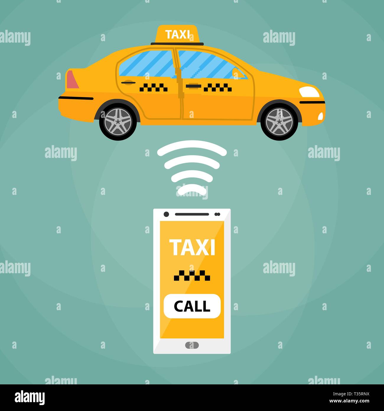 Application mobile Taxi concept. Application mobile avec Smartphone blanc et jaune taxi voiture. Taxi pour smartphone. Appelez un taxi. Une voiture de taxi. Vector illustration en simple Illustration de Vecteur