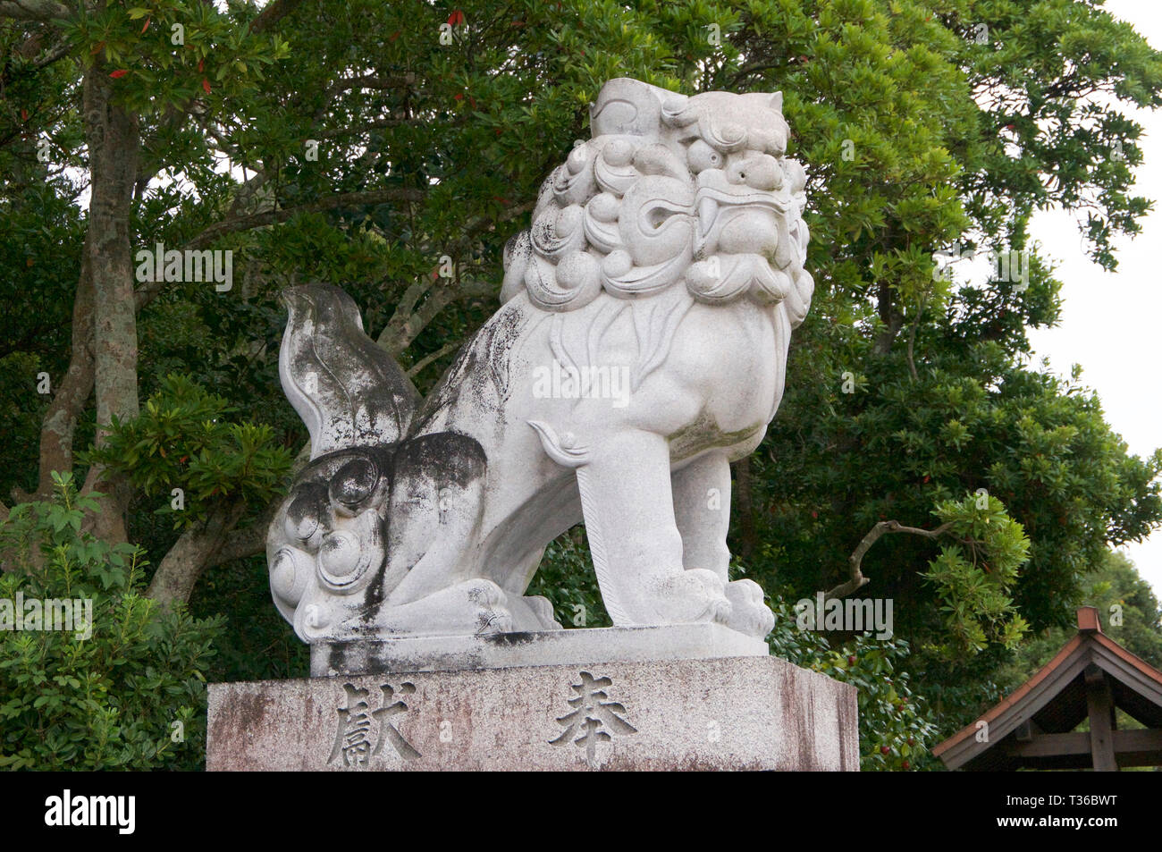 Photo d'un énorme chien-lion Komainu (comme tuteur) statue en pierre à l'Izanagi culte sur Awaji Island au Japon Banque D'Images