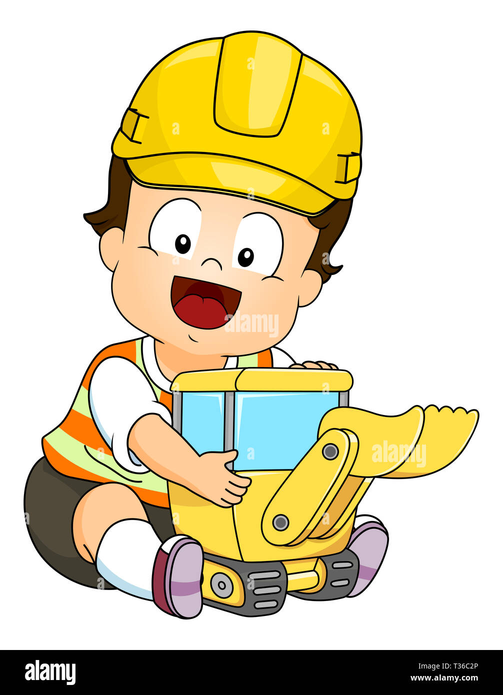 Illustration d'un Kid Boy Hugging un jouet Construction Pelleteuse jaune portant un casque Banque D'Images