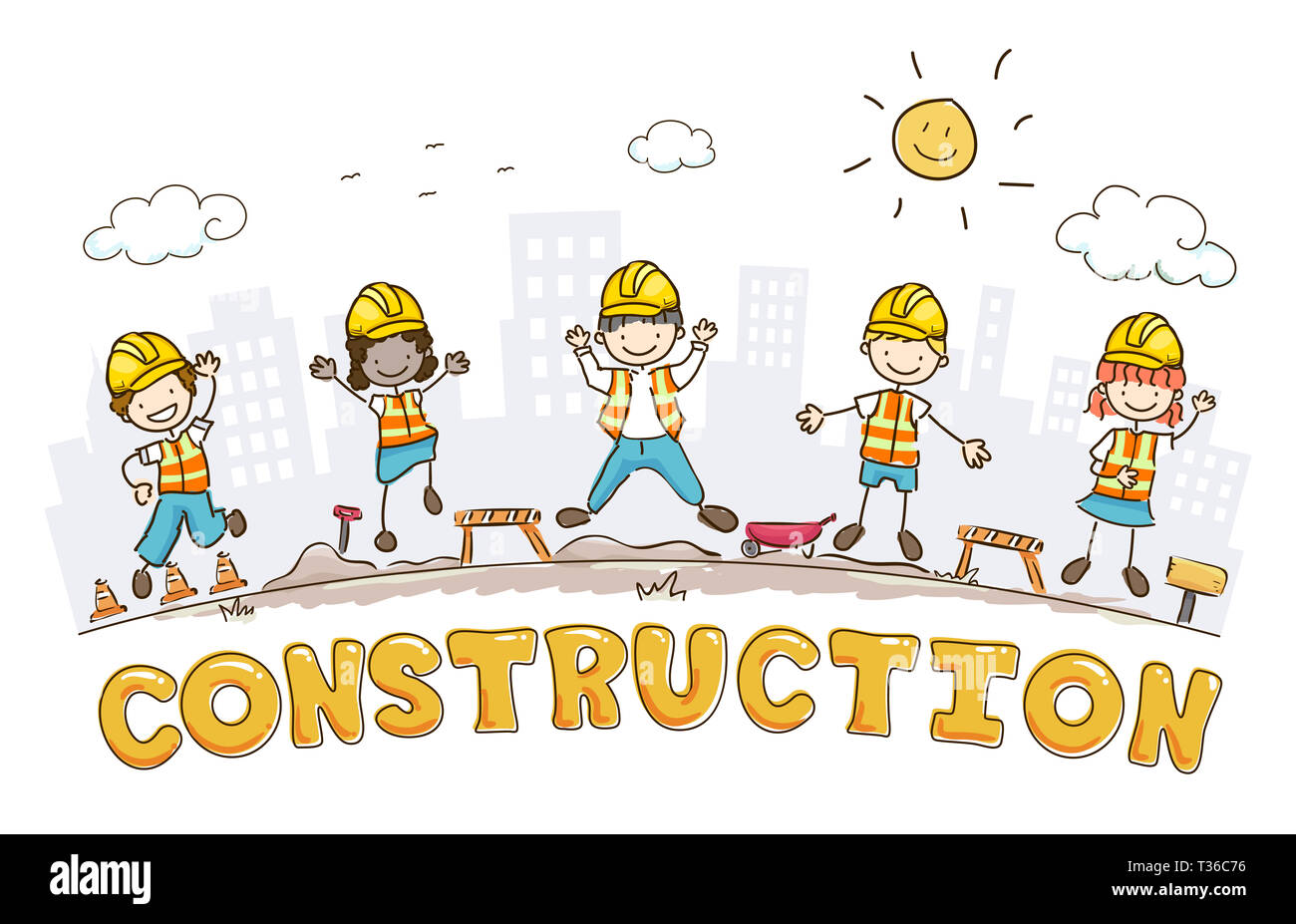 Illustration de Stickman Kids in Construction Site, le port du casque de sécurité jaune Banque D'Images