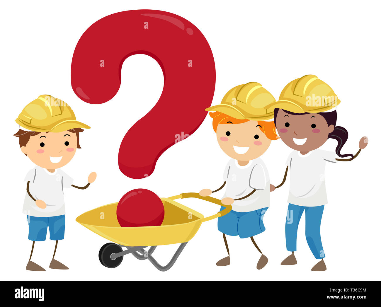 Illustration de Stickman Kids Wearing Hard Hat Construction jaune avec une brouette transportant Question Mark Banque D'Images