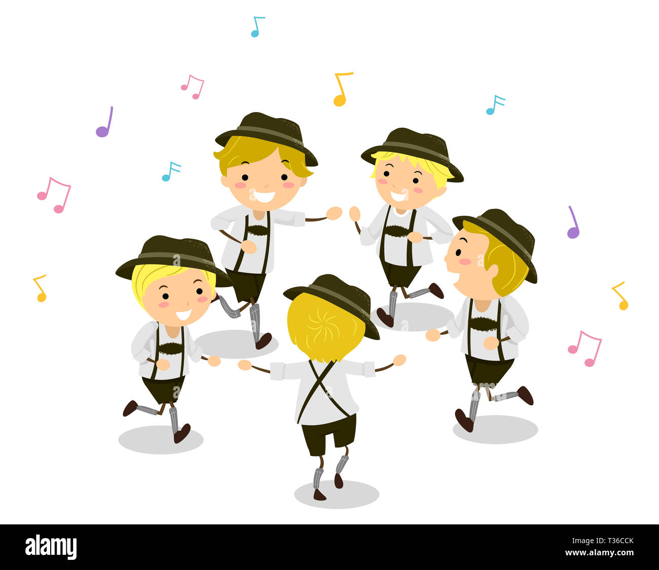 Illustration de Stickman Kids en costume Dancing Schuhplattler avec notes de musique autour de Banque D'Images