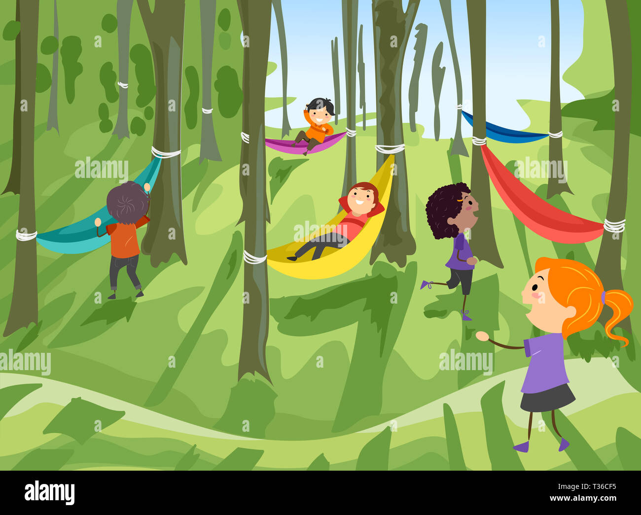 Illustration de Stickman Kids au repos dans des hamacs attachés à des arbres dans la forêt Banque D'Images