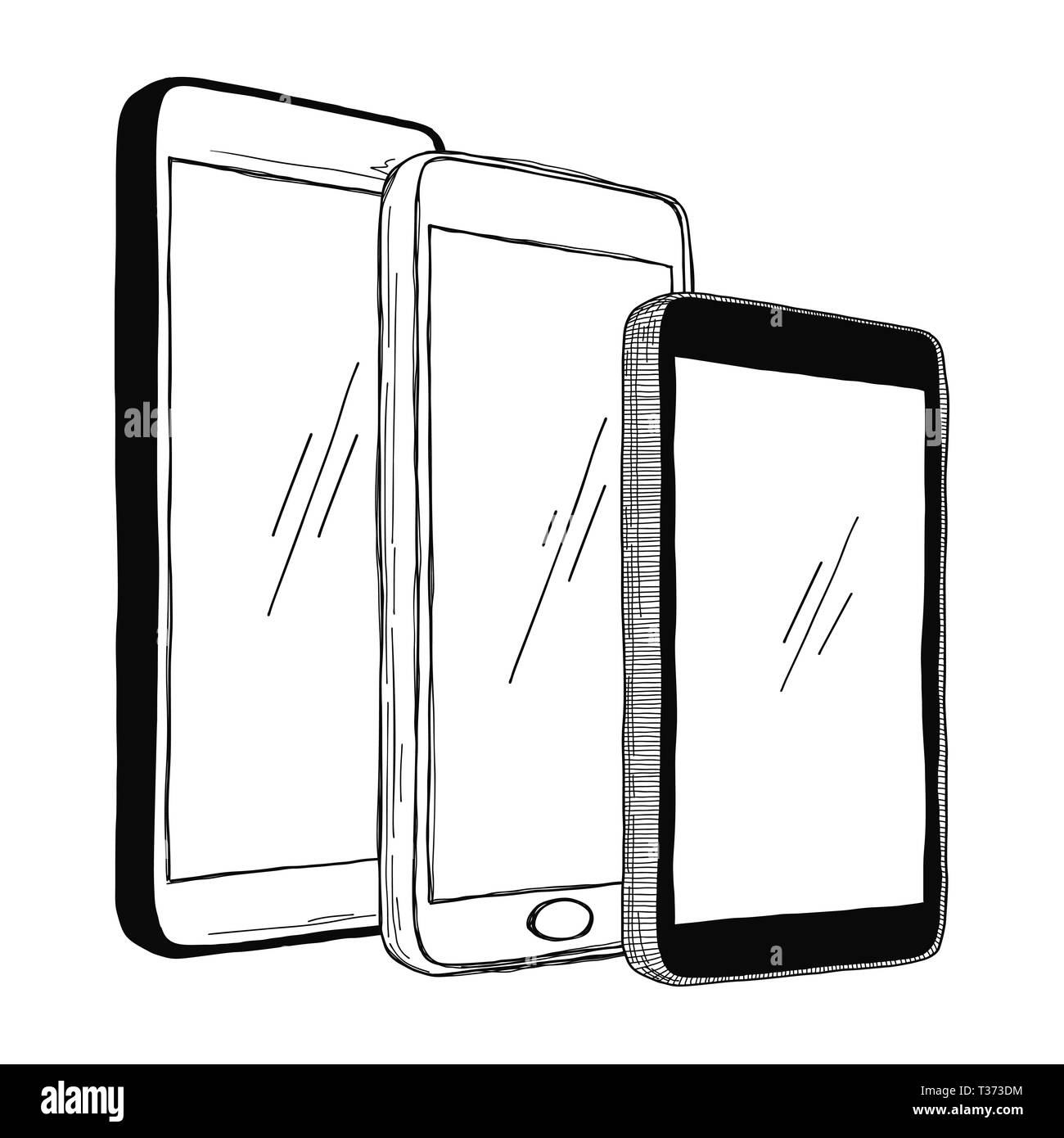 Croquis de smartphones. L'ensemble des téléphones portables est isolé sur un fond blanc. Vector illustration. Illustration de Vecteur