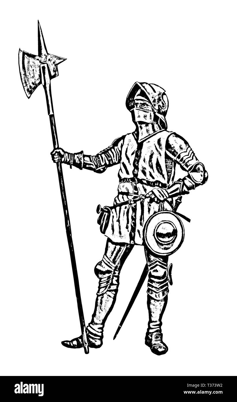 Chevalier teutonique illustration. Soldat médiéval avec hallebarde. Dessin des croisés. Banque D'Images