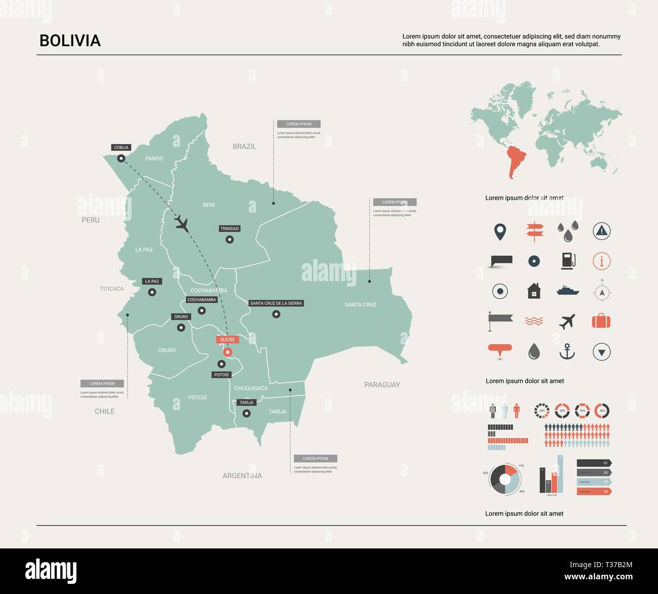 Carte vectorielle de la Bolivie. Carte pays très détaillés avec la division, les villes et les Sucre. Une carte politique, carte du monde, les éléments de l'infographie. Illustration de Vecteur