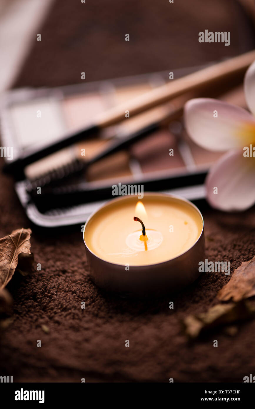 Pinceaux de maquillage professionnel et d'outils, des produits de maquillage naturel situé sur le tableau blanc avec fleur pomelia Banque D'Images