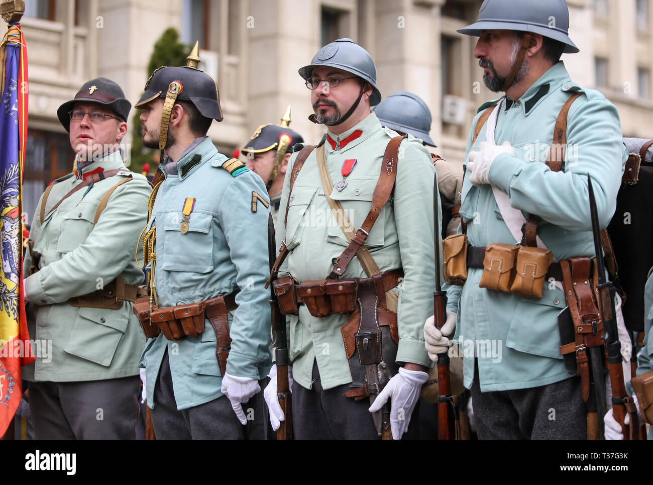Bucarest, Roumanie - 7 Avril 2019 : LA PREMIÈRE GUERRE MONDIALE histoire prendre part à la cérémonie militaire. Banque D'Images