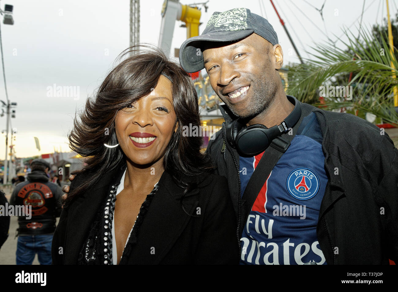 Paris, France, 5 avril 2019. Peggy Joly et Romain Theres assister à l'inauguration de la Foire du Trone 2019 à la pelouse de Reuilly le 5 avril 2019 Banque D'Images