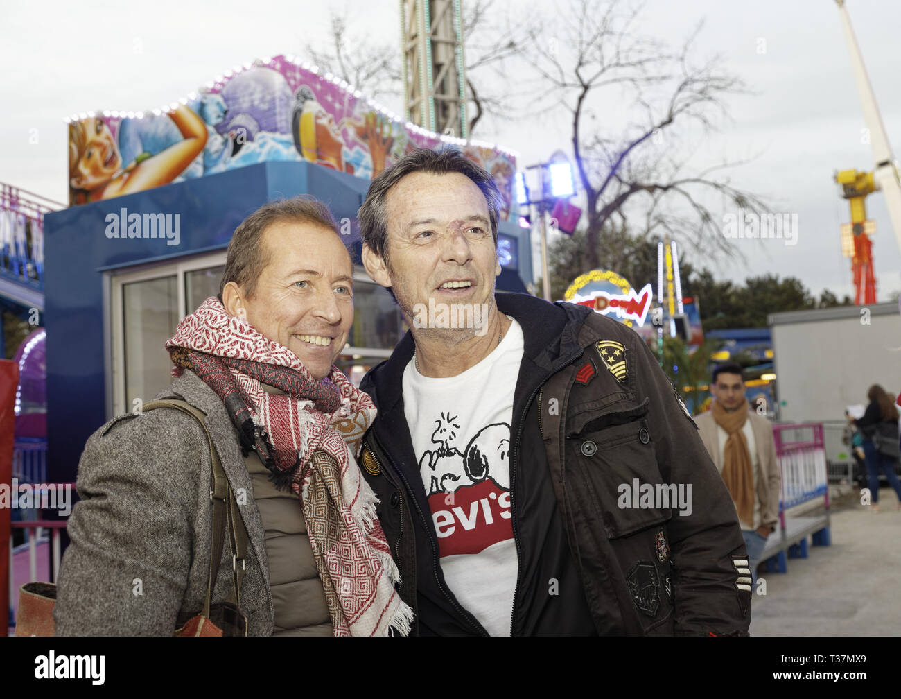 Paris, France, 5 avril 2019. Jean-Luc Reichmann (R)et Franck Clere à l'inauguration de la Foire du Trone 2019 à la pelouse de Reuilly sur Apri Banque D'Images