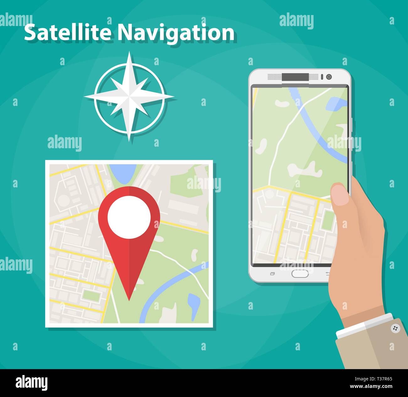 Mains courantes smartphone avec plan de ville sur l'écran du smartphone GPS Navigator. Concept de la navigation mobile. Carte de la ville avec la broche rouge. Vector illustration en télévision Illustration de Vecteur