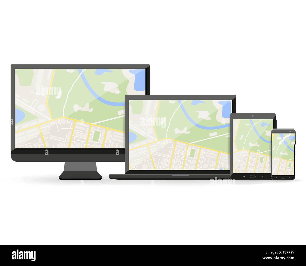 Générique Résumé GPS Carte de la ville avec les routes, les bâtiments, les parcs, sur la rivière de l'affichage des appareils numériques modernes, pc de bureau, teblet PC, Smartphone, ordinateur portable. vec Illustration de Vecteur
