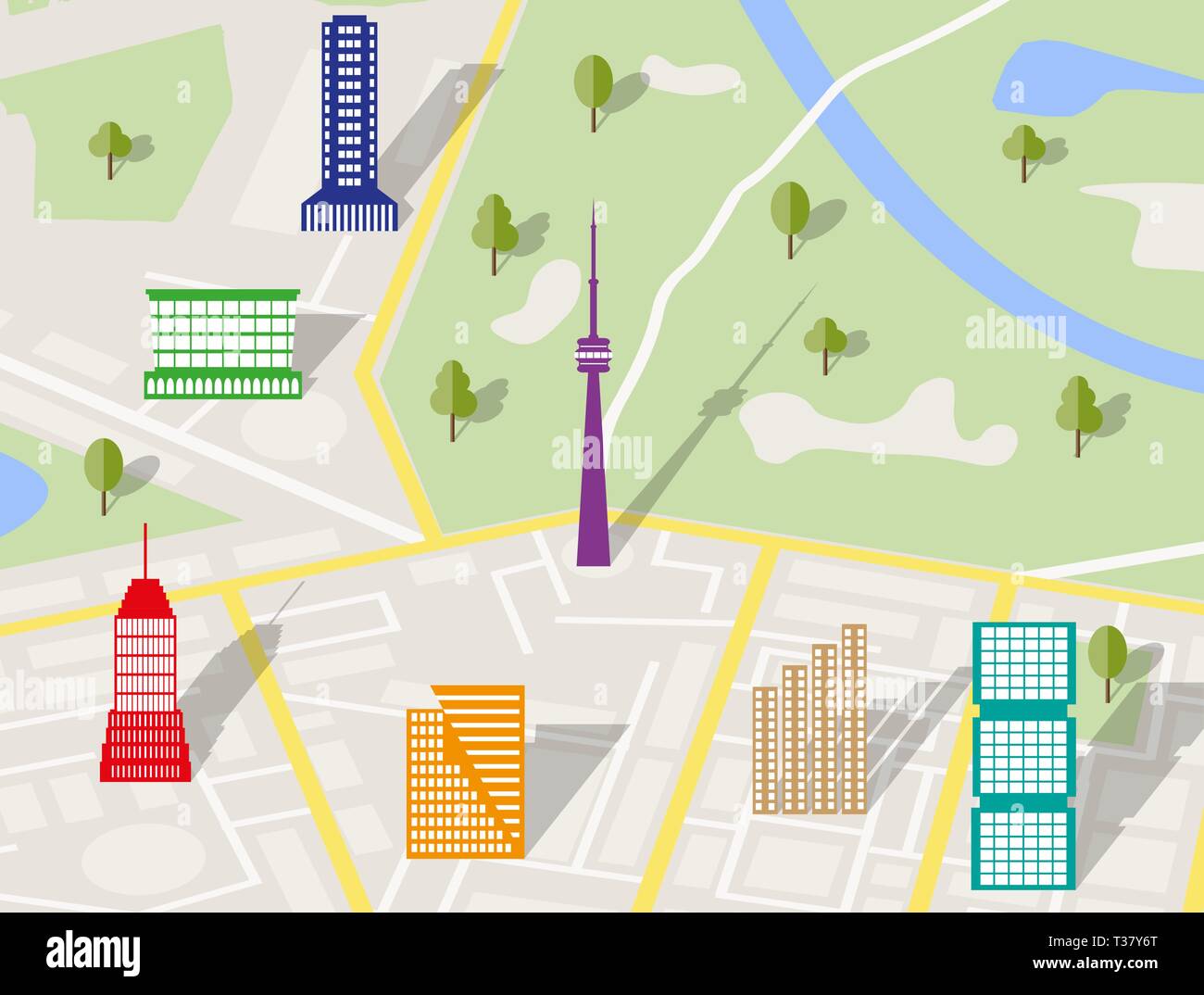 Générique Résumé Plan de ville avec les routes, les bâtiments avec des ombres, des parcs, rivière, arbres. Vector illustration en modèle plat Illustration de Vecteur