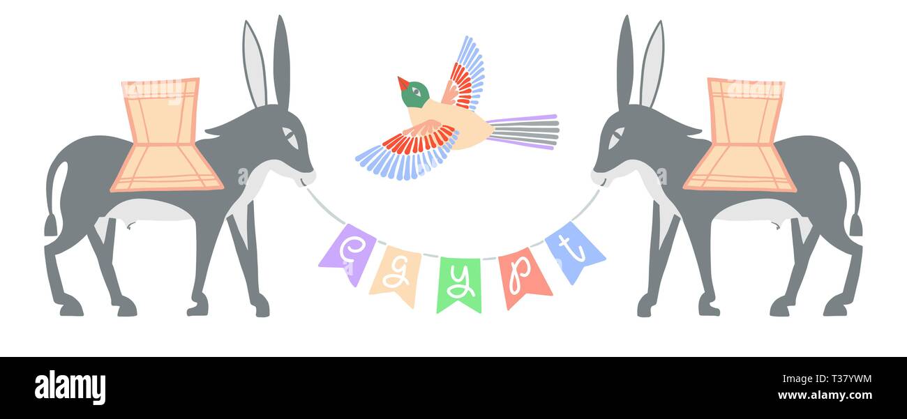 Lettrage à la main le texte de titre Egypte intitulé sur une chaîne avec des drapeaux entre deux ânes, vector illustration Illustration de Vecteur