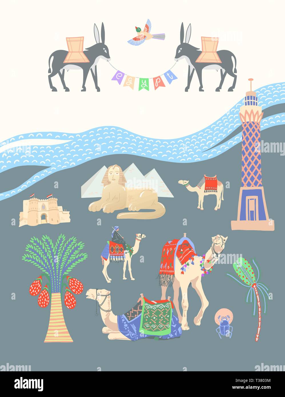 Carte de voyage sur l'Egypte, de grands lieux égyptien de Gizeh, vector illustration Illustration de Vecteur
