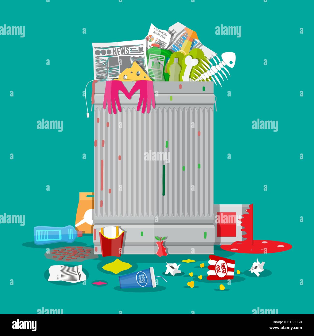 Poubelle en acier plein de détritus. Ordures débordant, de l'alimentation, les fruits pourris, les papiers, les contenants en plastique et des gants, de la peinture et du verre. vector illustration Illustration de Vecteur
