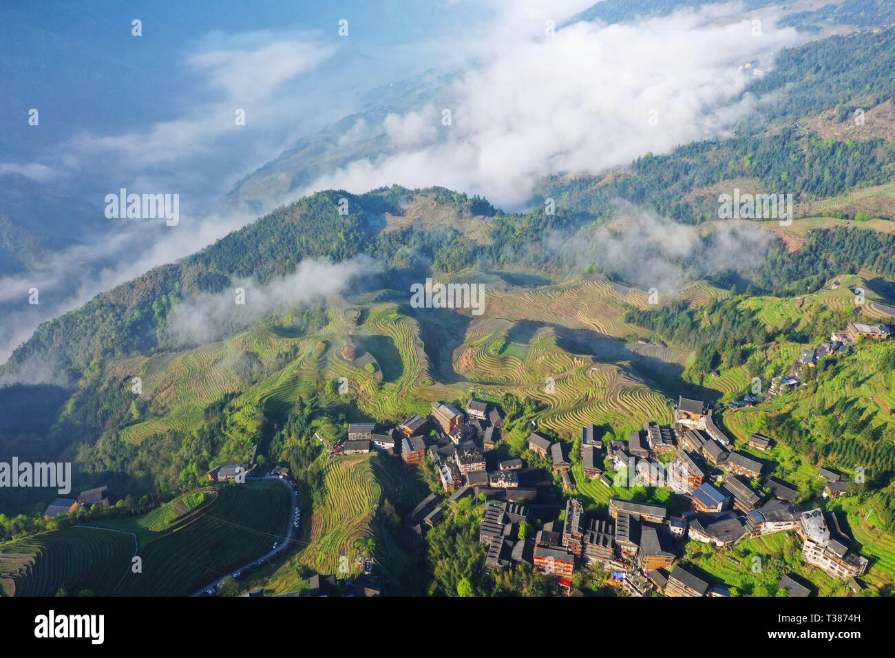 Longsheng. Apr 7, 2019. Photo aérienne prise le 7 avril 2019 montre une vue d'une requête Ping Village de Longsheng County, Chine du Sud, région autonome Zhuang du Guangxi. Credit : Cao Yiming/Xinhua/Alamy Live News Banque D'Images