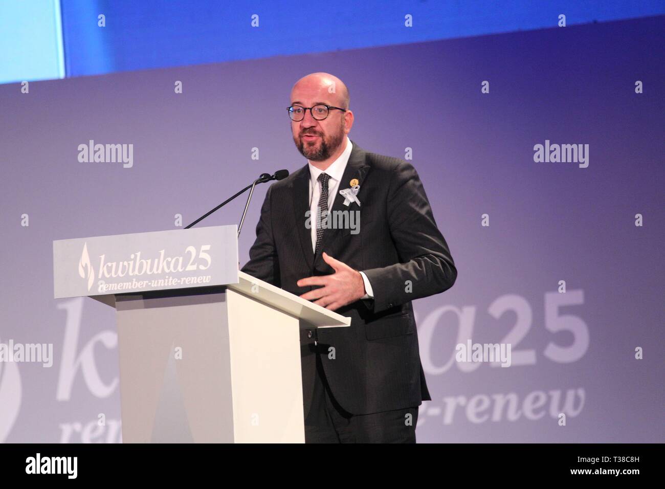 Kigali, Rwanda. Apr 7, 2019. Le Premier ministre belge Charles Michel prononce un discours lors de la cérémonie de commémoration du 25e anniversaire du génocide de 1994, à Kigali, capitale du Rwanda, le 7 avril 2019. Les Rwandais le dimanche a commencé la célébration pour marquer le 25e anniversaire du génocide de 1994 qui a fait plus de 1 millions de morts, essentiellement des Tutsis, avec le Président Paul Kagame appelant à la poursuite des efforts visant à transformer le pays. Credit : Cryril Ndegeya/Xinhua/Alamy Live News Banque D'Images