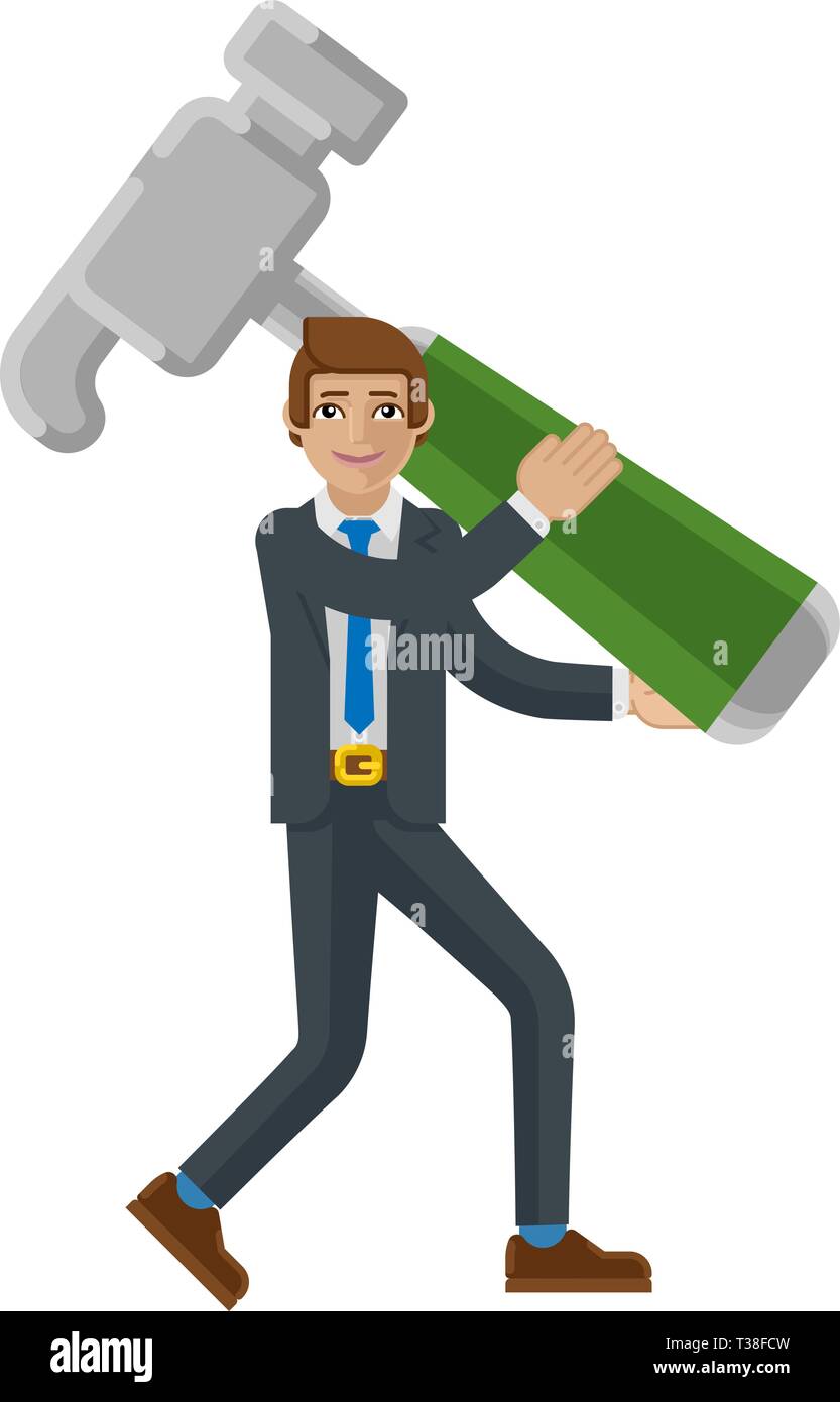 Business Man Holding Hammer Mascot Concept Illustration de Vecteur