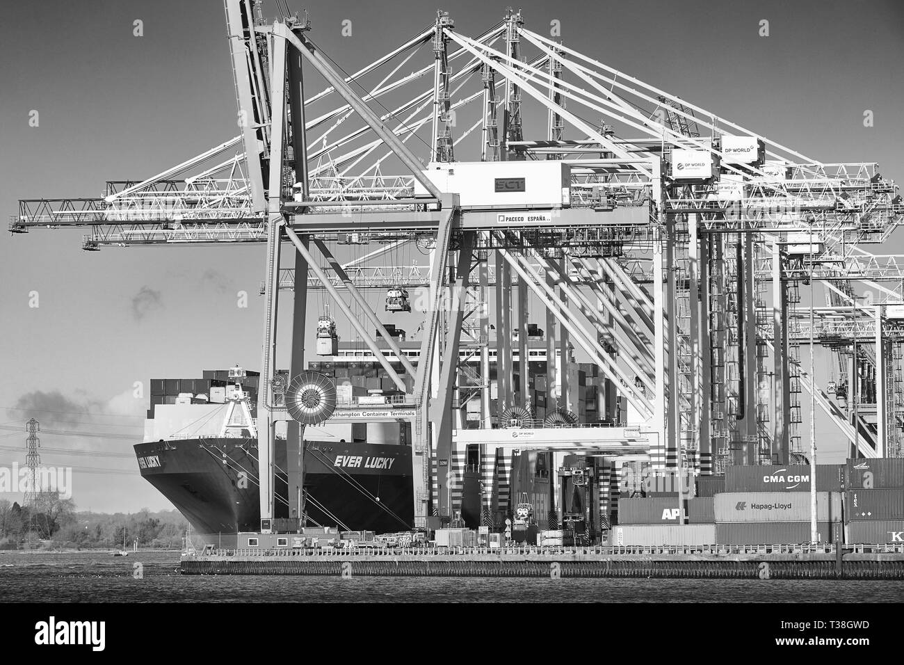 Photo en noir et blanc de l'Evergreen Container Ship, jamais la chance, le chargement et déchargement dans le terminal à conteneurs de Southampton, Hampshire, Royaume-Uni. Banque D'Images
