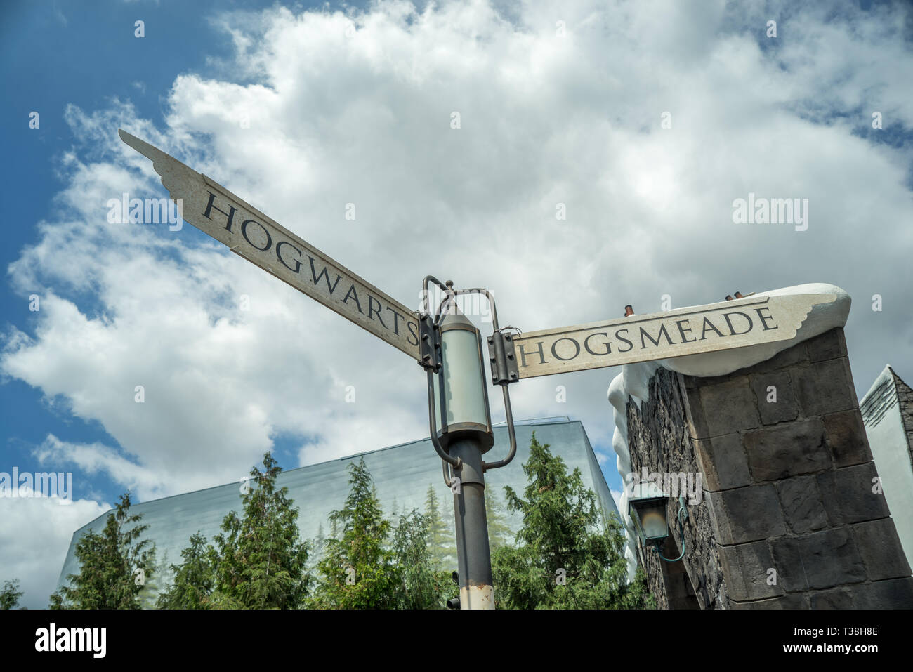 Parc à thème Universal Studios, et Hogsmead Signpost Poudlard, Harry Potter, Hollywood, Californie, USA Banque D'Images