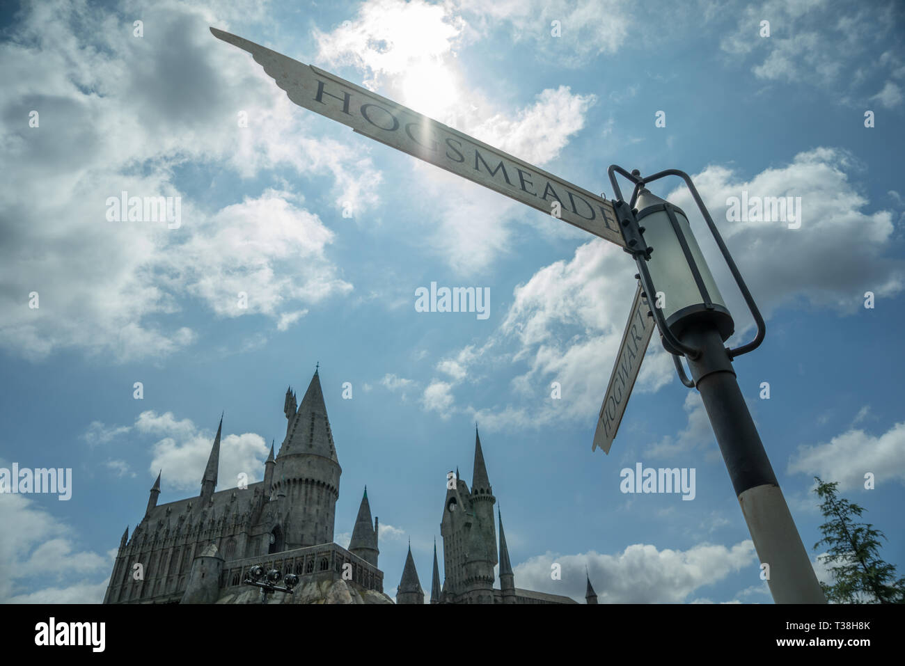 Parc à thème Universal Studios, et Hogsmead Signpost Poudlard, Harry Potter, Hollywood, Californie, USA Banque D'Images