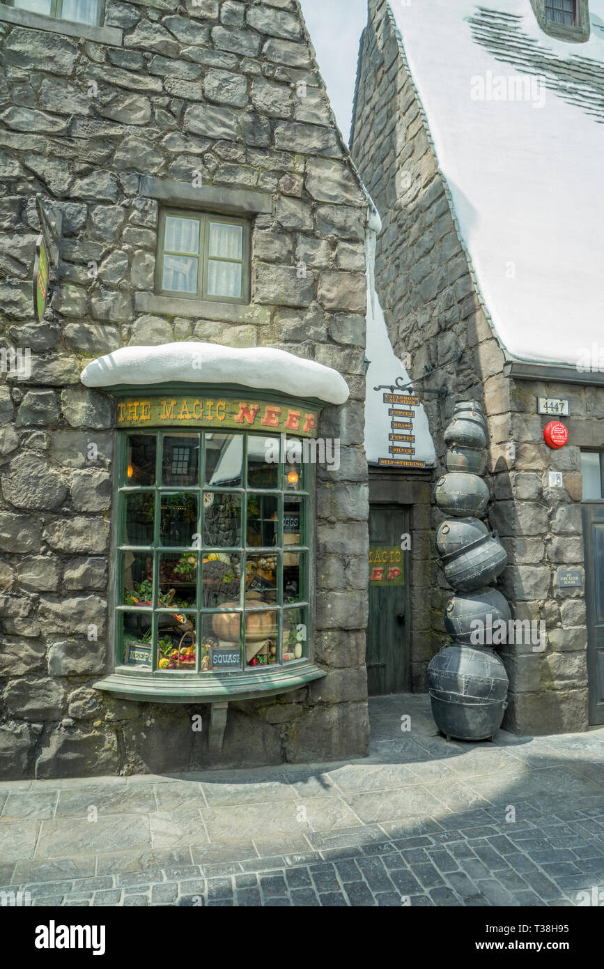 Parc à thème Universal Studios, le lard Neep Magic shop, Harry Potter Land, Hollywood, Californie, USA Banque D'Images