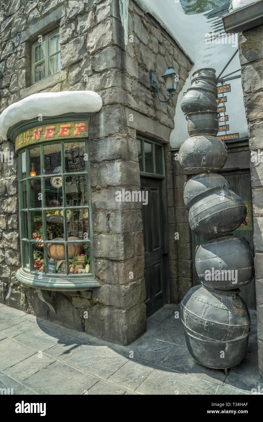 Parc à thème Universal Studios, le lard Neep Magic shop, Harry Potter Land, Hollywood, Californie, USA Banque D'Images