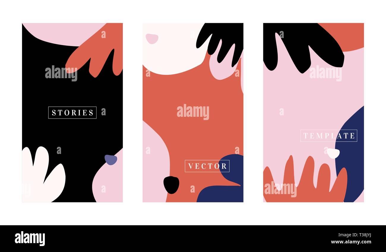 Un ensemble de trois histoires des modèles avec des formes abstract floral en rouge, rose, violet, blanc et noir. Contemporain à la mode style collage flyer, carte, bro Illustration de Vecteur