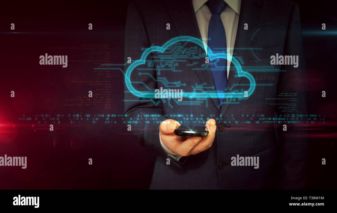 Homme d'affaires en fonction de l'utilisation de smartphone avec cloud hologramme. Cloud Computing et symbole de stockage de données concept abstrait. Technologie futuriste. Banque D'Images