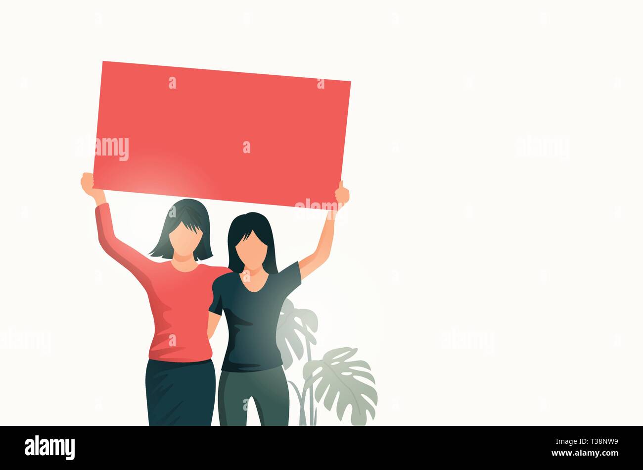 Deux femmes se tenant ensemble et holding up a blank sign. Les gens vector illustration. Illustration de Vecteur