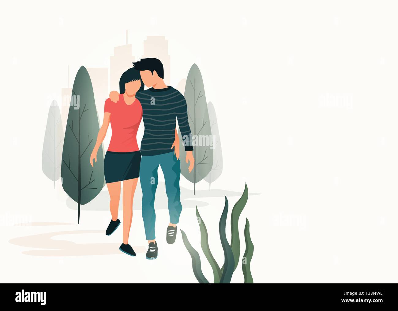 Un jeune couple en train de marcher et enlacés dans un parc. Les gens vector illustration Illustration de Vecteur
