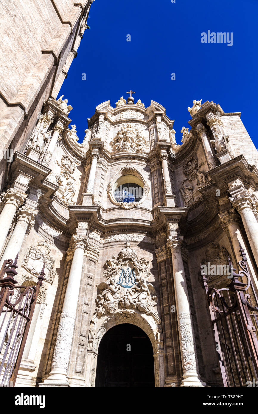 Façade de la Cathédrale de Valencia (cathédrale-Basilique de l'Assomption de Notre-Dame de Valence), Valencia, Espagne Banque D'Images